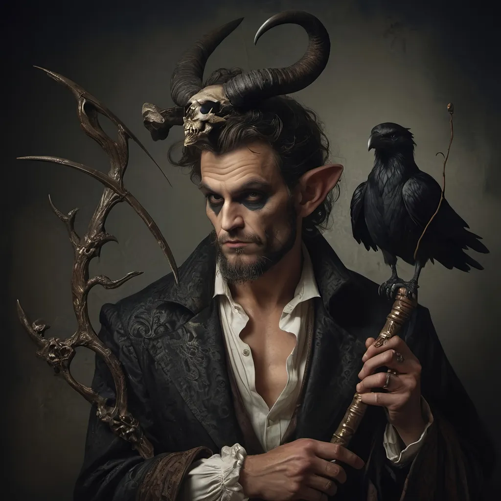 Prompt: (Renaissance still life), (man magician satyr), (dark color scheme), (elegant pose), (horns), holding a cane with skull orc, (crow perched on his shoulder), intricate details, moody ambiance, dim celestial lighting, rich textures, dramatic shadows, (stylized cane topped with a skull orb), ultra-detailed, high quality, evocative atmosphere.