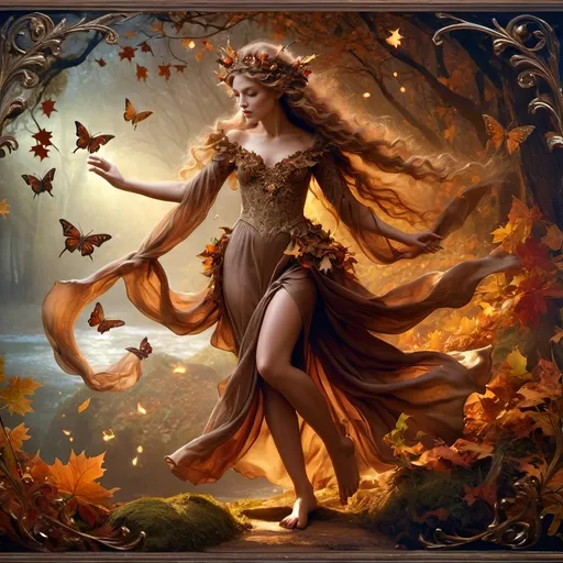 Prompt: (Honoring Nuit, Autumn Equinox), (Renaissance style), woman depicted as nature, flowing dress, butterfly in hair, rich and dark color palette, lush foliage backdrop, mood of serenity and mystery, intricate details in hair and dress, soft chiaroscuro lighting, evocative atmosphere, ultra-detailed, masterful composition, capturing the essence of autumn transition.