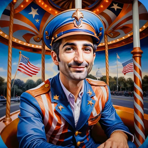 Prompt: (A masterpiece oil painting) of a man in (military uniform), riding the (Carousel of Heroes), vibrant colors highlighting the ornate design of the carousel. The scene is filled with a (nostalgic atmosphere), paying homage to (veterans and active military). Whispering elements of (honor) and (courage) are present, with artistic flourishes emphasizing the essence of (Nuit). The overall feel is (dramatic) and uplifting, portraying both valor and beauty in high definition.