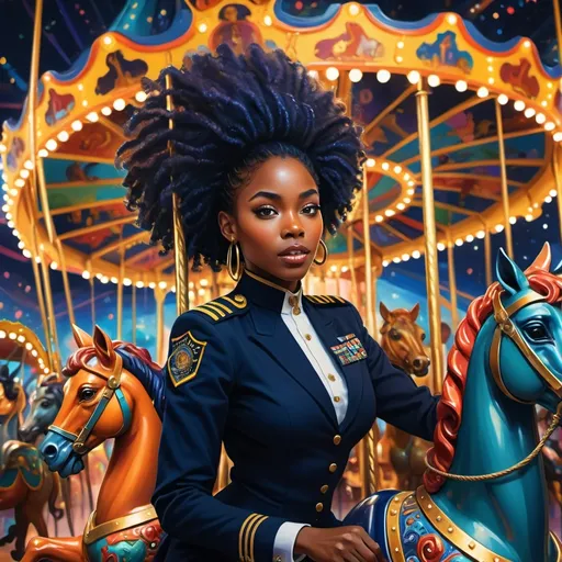 Prompt: (vibrant painting) a (black woman) in a (Navy uniform), riding on a dazzling carousel, surrounded by (colorful horses) and (glimmering carousel lights), set under an ethereal afrofuturism backdrop, dynamic ambiance, radiating warmth and creativity, expressive and bold colors enhancing detail, (artistic masterpiece) showcasing rich African heritage intertwined with fantastical elements, (HD ultra-detailed) presentation.