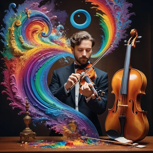 Prompt: (Hearing in Color), art deco style, vibrant color scheme, (complex rainbow swirl) background, painting of a man playing violin, intricate items surrounding him, (renaissance still life) elements, (music flowing as a rainbow), dynamic movement, mixing visual art with sound, hyper-detailed, rich textures, cinematic ambiance, enchanting atmosphere, (4K ultra-detailed quality), colorful symphony of sight and sound.