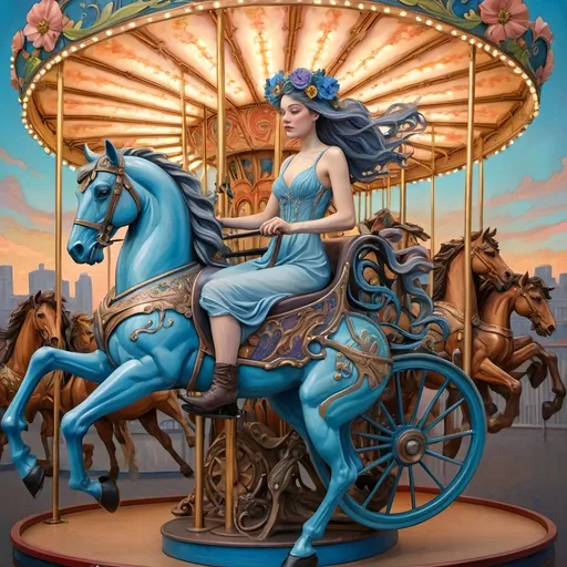 Prompt: Carousel of Diversity, (art nouveau style), (vibrant color scheme), a woman in a wheelchair joyously riding a beautifully crafted carousel with ornate horses, (blue flower in her hair), (Caroline Chariot-Dayez), figurative art, dystopian elements blending with art deco sculpture, whimsical yet haunting ambiance, richly detailed background with whimsical flowers and muted sky illuminating with warm tones, (ultra-detailed).