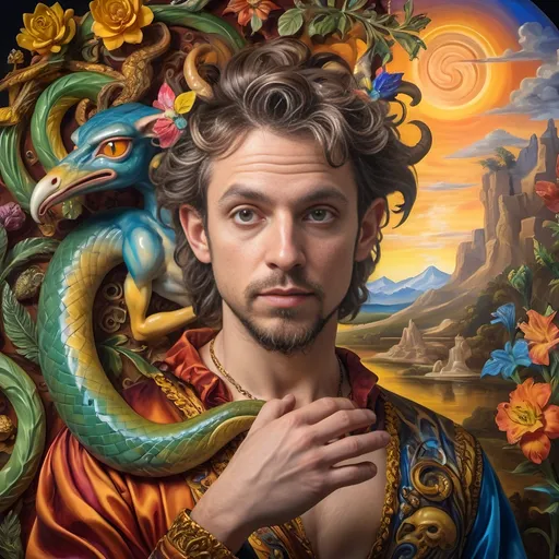 Prompt: (Renaissance portrait masterpiece), a whimsical (@magician) satyr, surrounded by mystique serpent transformation elements, honoring (@Horus) and (@Nuit). Vivid glass art techniques, intricate details, baroque elements, serene Arcadian landscape in the background, rich vibrant colors, warm golden tones, dramatic lighting, ethereal atmosphere that reflects a fusion of mythology and artistry, ultra-detailed HD quality.