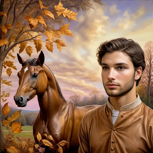 Prompt: (Honoring Nuit), highly detailed oil painting, thoroughbred horse, elegant posture, lush Kentucky farm, evening dusk setting, warm and vibrant hues, soft golden light reflecting off the horse’s coat, scenic rolling hills in the background, tranquil ambiance, serene atmosphere, ultra-detailed, masterpiece quality, evocative emotional tone, captivating and luminous sky blending soft pinks and deep purples, harmonious nature scene.