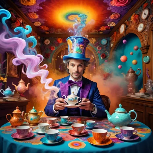 Prompt: (psychedelic still life portrait), vibrant colors, (magician jack-in-the-box man), whimsical tea party ambience, enchanting teapots, magical items animated around him, open book in front, dreamy and surreal atmosphere, intricate details, flowing patterns, mesmerizing depth, an explosion of colors, high-definition masterpiece, captivating and playful vibe.