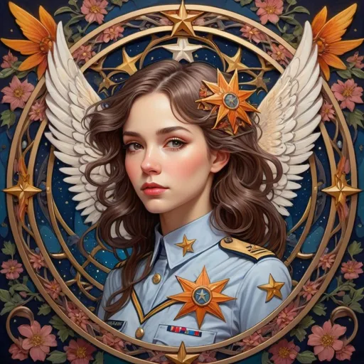 Prompt: (woman in uniform with wings), (star on chest), intricate star circular frame, (art nouveau style), character portrait, vibrant colors, detailed background, floral motifs surrounding, elegant design, delicate lines, high quality, ultra-detailed, captivating expression, mood of empowerment and grace, inspired by Aaron Jasinski's signature style.