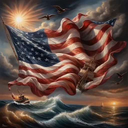 Prompt: (american flag flying), serene ocean scene, (highly detailed oil painting), a boat gently swaying on the waves, a bird soaring gracefully above, a majestic ship in the background, inspired by Anne Stokes, vibrant colors, capturing the essence of freedom and adventure, overall calm and patriotic atmosphere, (fine art painting), ultra-detailed masterpiece.