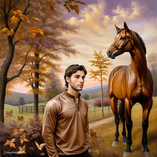 Prompt: (Honoring Nuit), highly detailed oil painting, thoroughbred horse, elegant posture, lush Kentucky farm, evening dusk setting, warm and vibrant hues, soft golden light reflecting off the horse’s coat, scenic rolling hills in the background, tranquil ambiance, serene atmosphere, ultra-detailed, masterpiece quality, evocative emotional tone, captivating and luminous sky blending soft pinks and deep purples, harmonious nature scene.