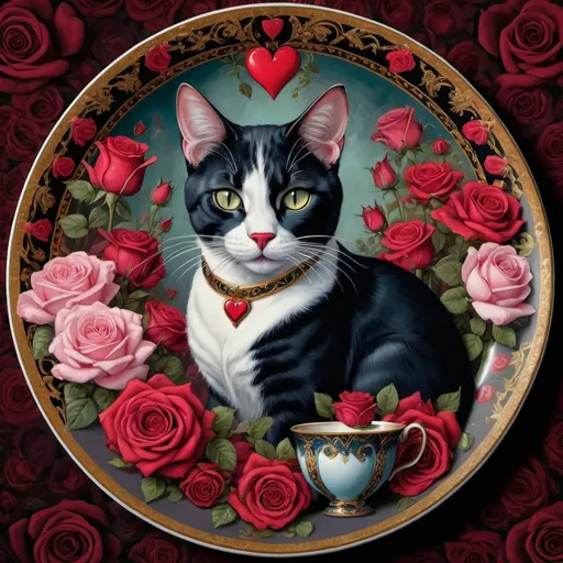 Prompt: (ultrafine detailed painting) queen of hearts, surrounded by (graceful cats), (lush roses), and roses elegantly arranged on a decorative plate with a playful cat on it, (gothic art style), vibrant colors blending into intricate patterns, moody and enchanting atmosphere, high-definition, showcasing romanticism and rich textures in a visually stunning digital masterpiece.