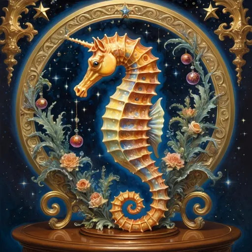 Prompt: (ultra-detailed) painting of a sea horse, magnificently perched on an ornate stand, surrounded by a captivating circular arrangement of (glimmering ornaments) and sparkling stars, with a shining star softly illuminating the background, crafted in the style of Donato Giancola, evoking a sense of enchanting fantasy, vibrant hues, and magical ambiance.