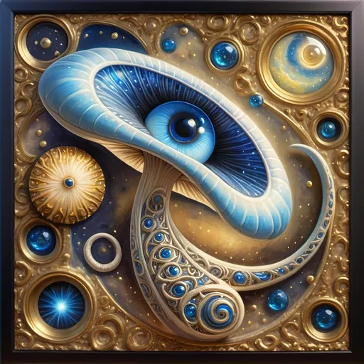 Prompt: (7 Wonders Art Glass Studio masterpiece), oil painting, (honoring Nuit), magical mushroom, blue shell, blue eye (Eye of Horus), vibrant colors, dreamy atmosphere, intricate details, mystical background with swirling galaxies, ethereal glow illuminating the mushroom, (ultra-detailed), high quality, enchanting and enchanting ambiance.