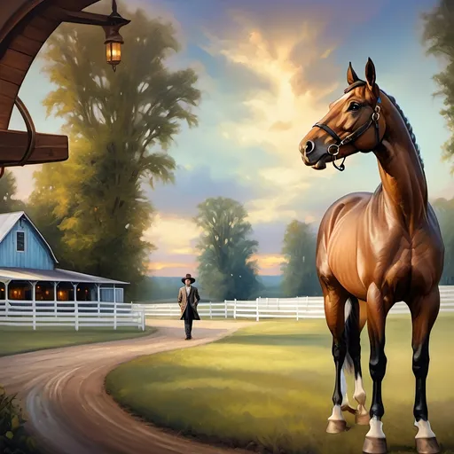 Prompt: (honoring Nuit), highly detailed oil painting, thoroughbred horse, majestic stance, lush Kentucky farm, vibrant evening dusk, warm golden and cool blue tones, soft shadows, serene atmosphere, rustic barn in the background, rich textures, ultra-detailed, dynamic lighting, enchanting sky, reflect on horse's coat, a sense of tranquility and elegance.