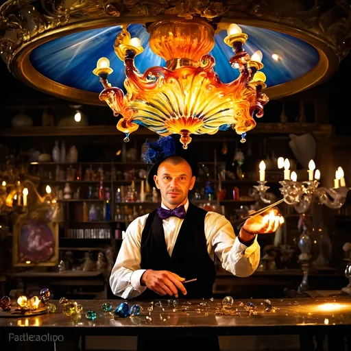 Prompt: (Baroque style) Glass Artisan and Magician, (vibrant colors), man wearing a magical top hat, carefully constructing enchanting magical lights in an intricate chandelier. Lush workshop setting, blending the magic of the real world with Murano’s artistry, (Venice), surrounded by stunning glass artworks, dramatic shadows, and a cozy ambiance, (ultra-detailed).