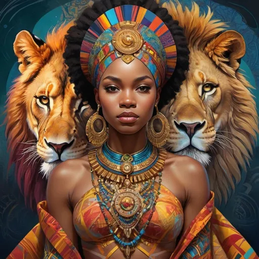 Prompt: (Chinwe Chukwuogo-Roy inspired), highly detailed digital painting, afrofuturism elements, a woman wearing an ornate headpiece, a majestic lion juxtaposed with her face, vibrant colors blending harmoniously, intricate patterns in the background, a detailed map of Africa framed behind, ethereal ambiance, captivating and symbolic, ultra-detailed, fine art masterpiece, evocative and sophisticated atmosphere.