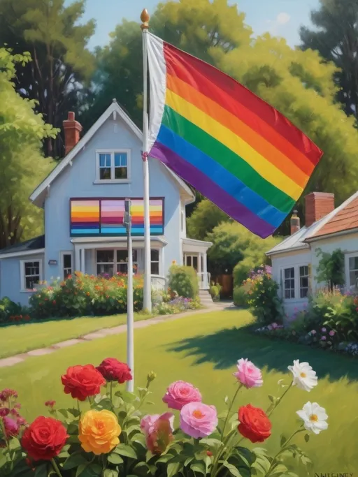 Prompt: Painting an ultrafine museum quality oil on canvas still life a rainbow flag flying in the background of a house and flowers in the foreground, with a house in the background, Anne Rigney, symbolism, summer vibrancy, a tilt shift photo