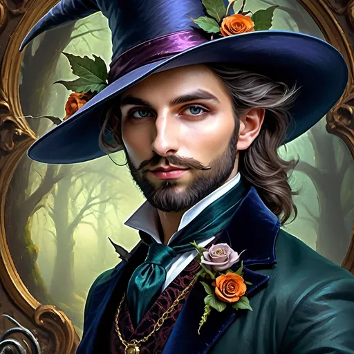 Prompt: (honoring Nuit), captivating handsome man magician with an elegant beard, wearing a pointed witch hat, (renaissance baroque painting style), facial features highlighted in detail, dark mystical background that enhances the allure, rich deep colors creating dramatic contrast, elements of Halloween celebration subtly interwoven, inviting an atmosphere of enchantment and mystery, ultra-detailed, a captivating masterpiece.