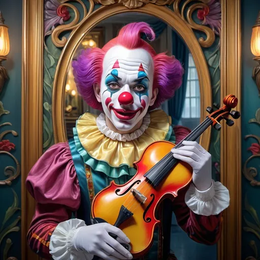 Prompt: (art nouveau style), (vibrant color scheme), clown with a violin in hand, clown face makeup, in front of a mirror, inspired by Anne Stokes, (pop surrealism), highly detailed, (oil painting), fine art painting, intricate patterns, whimsical atmosphere, dramatic lighting, rich textures, ornate background elements, captivating expression, enchanting portrayal, 4K, ultra-detailed.