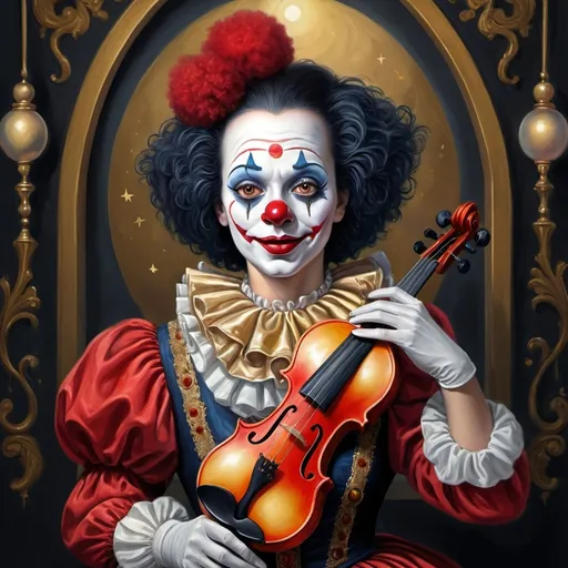 Prompt: a painting of a dark headed female clown with a gold violin and a ball in front of him, with a red clown's face painted on it, magical ambiance, friendly, highly detailed digital painting, an ultrafine detailed painting.  Add Renaissance background.  Adorn with mystic florals.  Add moon influences.  Add influences of the God Nuit in the following manner.  