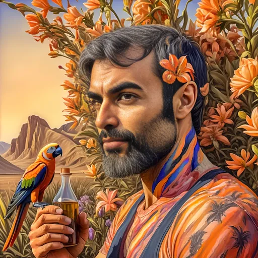 Prompt: (A highly detailed oil painting) of a man holding a parrot on his hand and a bottle in the other, set against a lush tropical background, (Qajar art influence), inspired by Alex Horley-Orlandelli, vibrant colors, fine art masterpiece, intricate textures, honoring Nuit's essence, warm lighting, sophisticated artistic ambiance, evoking a sense of wonder and beauty.