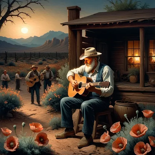 Prompt: (A stunning oil painting), portrait of a bearded man, surrounded by (vivid poppy blooms) in the Mojave Desert, (majestic desert peaks) in the background, (cinematic lighting) casting soft shadows, the scene radiates a tranquil and inspiring atmosphere, honoring the essence of Nuit, highly detailed brushwork, color palette includes warm desert tones and striking floral hues, showcasing the beauty of nature's wonders in bloom, 4K quality.