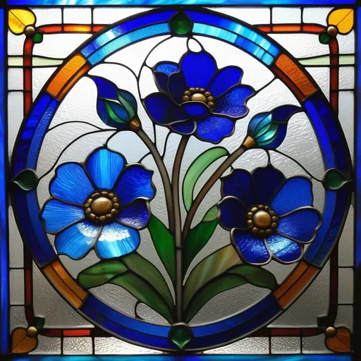 Prompt: (Seven Wonders Art Glass Studio stained glass window), intricate (exquisite detail), featuring a centerpiece of a vibrant blue flower, inspired by Flora Macdonald Reid, (Flemish Baroque style), rich colors, warm light filtering through glass, arts and crafts movement influences, ornate patterns and textures, elegant ambiance, masterfully crafted, high quality, ultra-detailed, artistic masterpiece.