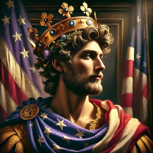 Prompt: a painting of a man wearing a crown and a scarf with stars and stripes on it, with an american flag in the background, Edward Otho Cresap Ord, II, american romanticism, official art, a character portrait