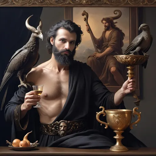 Prompt: (oil painting) Honoring Nuit, a man with a (wisdom-filled beard) holding a harp and a (rich) cup of wine, next to a (gilded golden cup), Ditlev Blunck's artisanal touch, (neoclassical elegance) with (Flemish Baroque influences). The atmosphere reflects reverence and beauty, drenched in (warm, golden tones), evoking the essence of a (divine encounter) that captures a mortal honoring the God Pan. Ultra-detailed, quintessential classical painting.