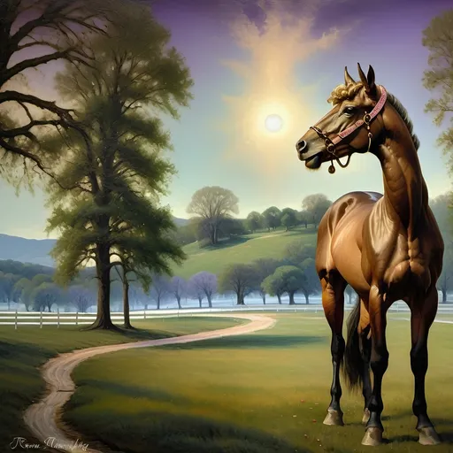 Prompt: (Honoring Nuit), highly detailed oil painting, thoroughbred horse, elegant posture, lush Kentucky farm, evening dusk setting, warm and vibrant hues, soft golden light reflecting off the horse’s coat, scenic rolling hills in the background, tranquil ambiance, serene atmosphere, ultra-detailed, masterpiece quality, evocative emotional tone, captivating and luminous sky blending soft pinks and deep purples, harmonious nature scene.