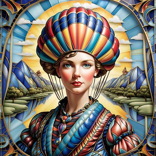 Prompt: (accurately spelled text "7 wonders art glass studio"), colorful hot air balloon, featuring vibrant and intricate patterns, whimsical design, with artistic elements of (cloisonnism), surrounded by a lush landscape, dazzling blue sky, dramatic fluffy clouds, inspired by (art deco) style, embodying elegance, ultra-detailed, HD quality, a captivating artwork showcasing creativity and joy.