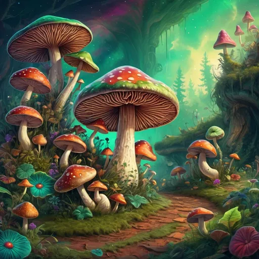 Prompt: (psychedelic mushroom), surrounded by vibrant, whimsical elements floating in the colorful sky and layered on the ground, (fantasy artwork) style, rich shades of green and other saturated colors, dynamic patterns, an enchanting atmosphere, intricate details, digital art, dreamlike quality, (ultra-detailed) visualization, limitless imagination.