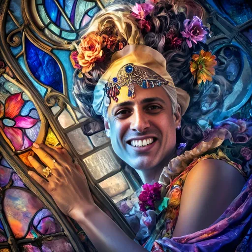 Prompt: (character portrait), (woman in a vibrant colorful dress), (flowers in her hair), intricately designed stained glass window backdrop, inspired by David LaChapelle’s style, rococo elements, richly detailed colors, dramatic light play, ultra-detailed, high resolution, evocative and artistic ambiance, visually captivating composition, promoting beauty and elegance.