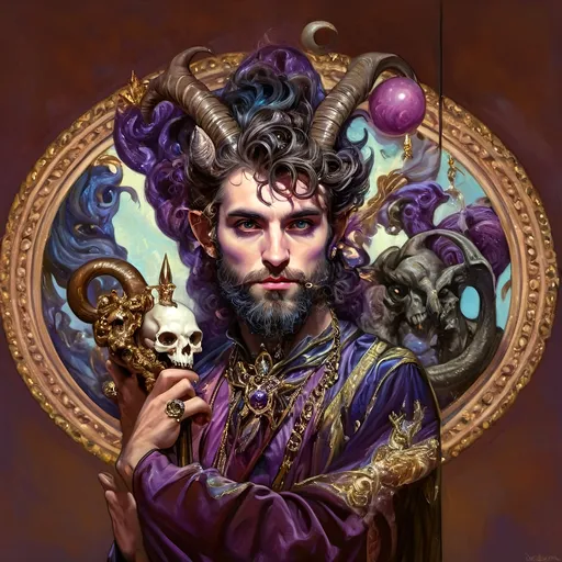 Prompt: a painting of a man magician satyr with horns and a skull in his hand and a crow on his shoulder, with a cane with a scull as orb