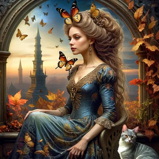 Prompt: (Honoring Nuit, Autumn Equinox), (Renaissance style), woman depicted as nature, flowing dress, butterfly in hair, rich and dark color palette, lush foliage backdrop, mood of serenity and mystery, intricate details in hair and dress, soft chiaroscuro lighting, evocative atmosphere, ultra-detailed, masterful composition, capturing the essence of autumn transition.