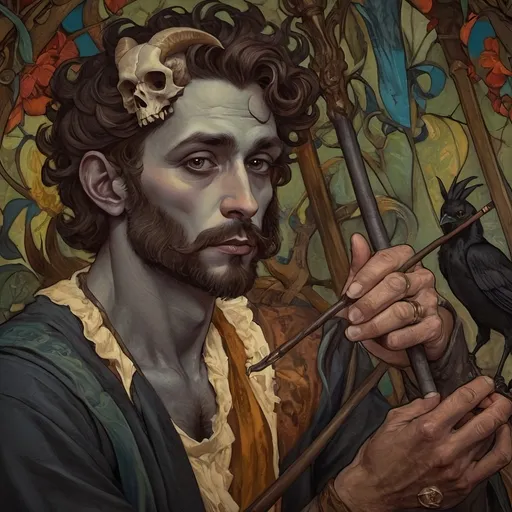 Prompt: (Renaissance still life), (art nouveau style), (vibrant color scheme), (elegant pose), (man magician satyr with horns), (holding a cane topped with skull of orc), (crow perched on his shoulder), (intricately designed), (dramatic shadows), (lush textures), (highly detailed), (atmosphere full of mystique)