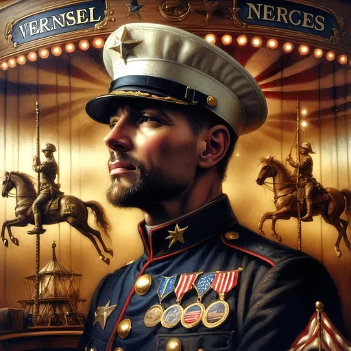 Prompt: A Seven Wonders Art Glass Studio oil renaissance painting of a man in military uniform riding on Carousel of Heroes.  Honors veterans and those serving in U.S. Military.  Honoring Nuit.  