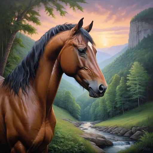 Prompt: (Honoring Nuit), (detailed oil painting), majestic stallion horse, awe-inspiring landscape of Eastern Kentucky, lush forest covered mountains, iconic Natural Bridge, vibrant greens of heavy trees and dense vegetation, ethereal twilight sky, serene atmosphere, high depth cinematic beauty, ultra-detailed, rich color tones, captures the essence of nature and glory of the stallion.