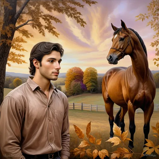 Prompt: (Honoring Nuit), highly detailed oil painting, thoroughbred horse, elegant posture, lush Kentucky farm, evening dusk setting, warm and vibrant hues, soft golden light reflecting off the horse’s coat, scenic rolling hills in the background, tranquil ambiance, serene atmosphere, ultra-detailed, masterpiece quality, evocative emotional tone, captivating and luminous sky blending soft pinks and deep purples, harmonious nature scene.