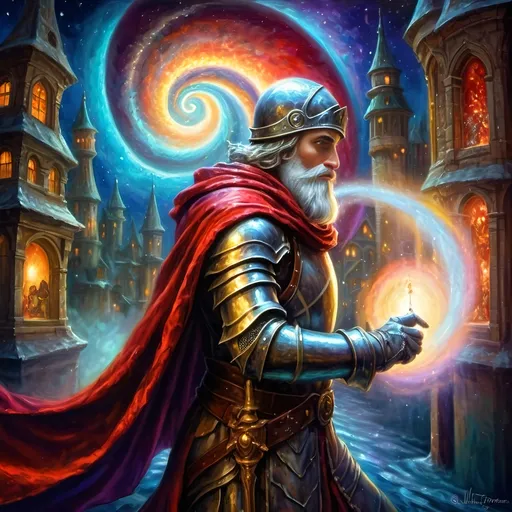 Prompt: (Edgy) oil painting of a knight dressed as Santa Claus (in honor of Nuit), dynamic vibrant colors, dark city background illuminated by a glowing light, flowing red cape, whimsical and surrealistic vibe, imaginative playfulness, influences of Ernest William Christmas, epic fantasy character art, vibrant psychedelic style, ultra-detailed texture, concept art composition, high-quality masterpiece, artistic themes of juxtaposition, drama, and enchantment.