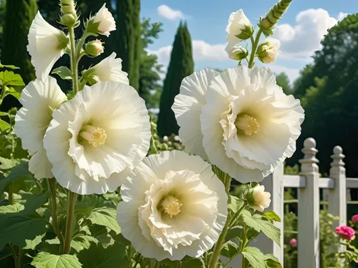 Prompt: Double white hollyhock growing in a garden area with green leaves and flowers in the background, with a fence in the background, Dennis Ashbaugh, rococo, bloom, a flemish Baroque