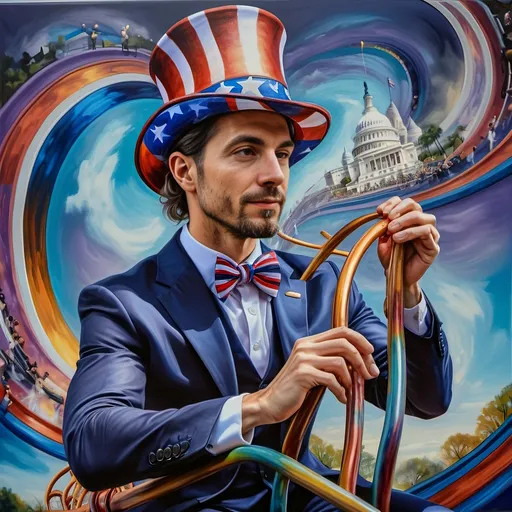 Prompt: A Seven Wonders Art Glass Studio masterpiece painting of a man in a patriotic hat riding Freedom rollercoaster in D. C.’s new amusement park named Freedom Park.  Honoring Nuit.