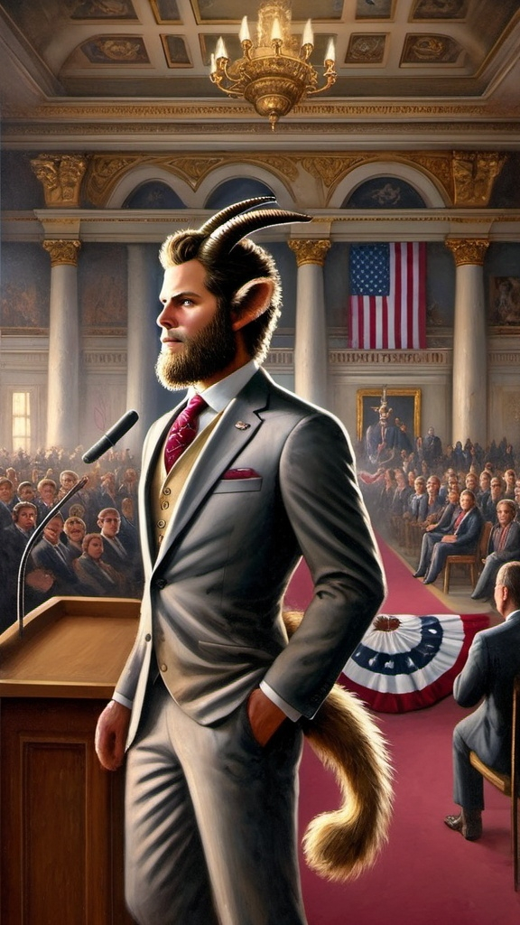 Prompt: a painting of a man in a suit and tie standing in front of a podium with a microphone in front of a crowd, F. Scott Hess, furry art, official art, a character portrait