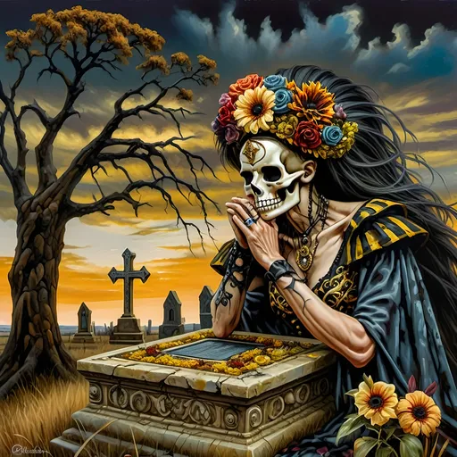 Prompt: A Seven Wonders Art Glass masterpiece painting honoring Nuit.  a man sitting on a grave in front of a graveyard with a tree and a church in the background, Dirk Crabeth, gothic art, western comic book art, a matte painting