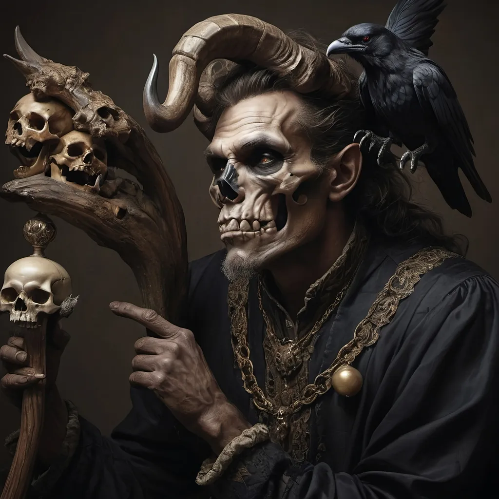 Prompt: (Renaissance still life) (man magician satyr), (dark color scheme), (elegant pose), intricately detailed horns, holding a cane topped with a (skull orb), a menacing (skull orc) at his side, a (crow) gracefully perched on his shoulder, rich textures, captivating shadows, high contrast highlights, evoking a sense of mystical allure, enhanced with (ultra-detailed) features, atmospheric depth and somber elegance.