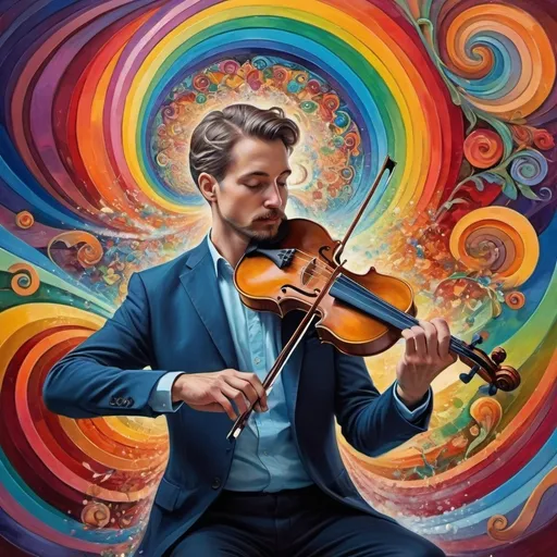 Prompt: art nouveau style, (vibrant colors), painting of a man playing violin, intricate items surrounding him, complex rainbow swirl background, (emotion of harmony and creativity), surreal depiction of sound waves as colors, rhythmic patterns, expressive facial features, ethereal ambiance, whimsical elements, (HD), highly detailed masterpiece.