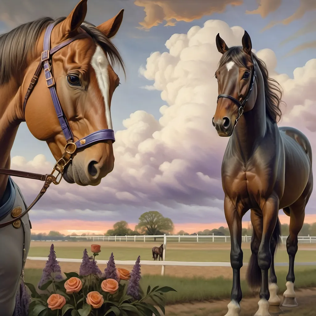 Prompt: (Honoring Nuit), highly detailed (oil painting), thoroughbred horse (majestic posture) on a Kentucky farm, stunning evening dusk lighting, soft illuminated clouds, warm hues of orange and purple blending over fields, rich textures of horse's coat, serene rural landscape (tranquil atmosphere), lush greenery in the background, ultra-detailed, artistic masterpiece showcasing equine beauty at sunset.