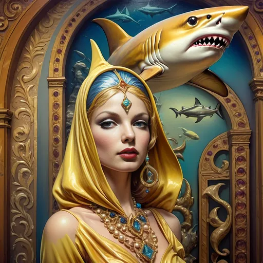 Prompt: a 7 Wonders Art Glass Studio oil painted masterpiece of a shark in a yellow suit with a shark head on his head and a casino in background fantastic realism, loftis, a fine art painting.  Honors the Goddess Nuit.