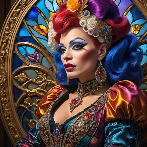 Prompt: (still life portrait), (stained glass artisan drag queen), (baroque style), highly detailed, brilliant colors, psychedelic patterns, intricate glass texture, warm lighting, decorative elements, ornate background, opulent ambiance, luxurious vibe, vivid contrast, ethereal atmosphere, artful composition, 4K quality, ultra-detailed, radiant reflections, artistic masterpiece.