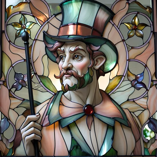 Prompt: A Seven Wonders Art Glass Studio masterpiece pattern of a stained glass window of a magician satyr man with a top hat and a cane honoring Nuit.  Copper foil and solder method.