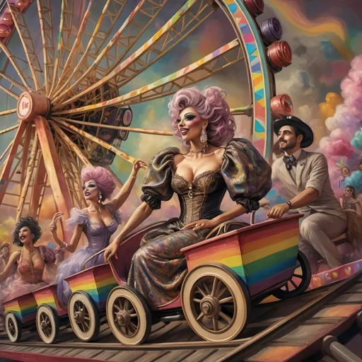 Prompt: (honoring nuit), a mesmerizing painting of colorful drag queens exuding joy and fabulousness while riding a roller coaster, vibrant (rainbow) painted on the side, a whimsical ferris wheel creating a festive atmosphere in the background, whimsical cotton candy clouds, (dynamic movement), warm pastel colors enhancing the lively scene, ultra-detailed, high-quality artwork capturing a celebratory ambiance.