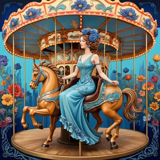 Prompt: Art Nouveau inspired (Carousel of Diversity), vibrant color scheme, a woman in a wheelchair joyfully riding a carousel adorned with horses, detailed figurative elements, blue flower in her hair, keys to a dystopian world, ornate patterns, fluid lines, brightly colored floral motifs, ultra-detailed, Caroline Chariot-Dayez inspired, captivating and whimsical atmosphere, rich textures, merging art deco and contemporary sculpture styles.